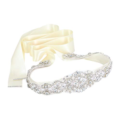 AWAYTR Brautgürtel mit Schmucksteinen, für Hochzeitskleid, Schärpengürtel mit silberfarbenen Strassapplikationen, für formelle Partys, Abschlussball - elfenbein - Einheitsgröße
