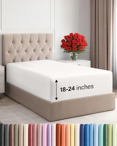 Image of Extra Deep Twin Fitted Sheet - Single Fitted Sheet Only - Antique White | Easily Fits 18 inch to 24 inch Mattress, Soft, Wrinkle Free, Breathable & Comfy, Extra Deep Pockets Hotel Luxury Fitted Sheet