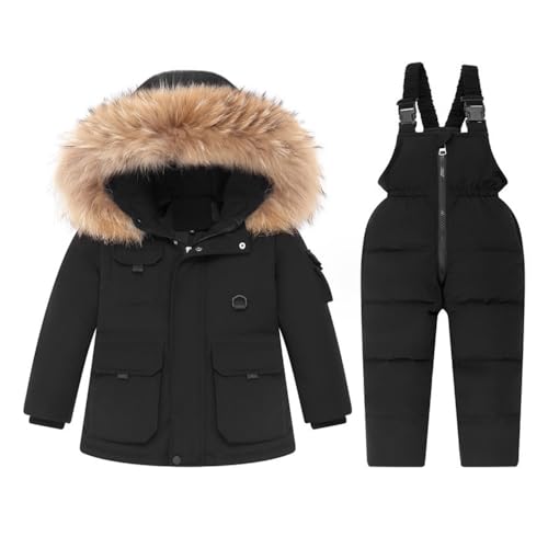 DINGDONG'S CLOSET Kid Boy Girl Winter Hooded Multi-Pocket Fur Down Parka Puffer Jacket+Snow Bibs 2Pieces Snowsuit Skisuit Set