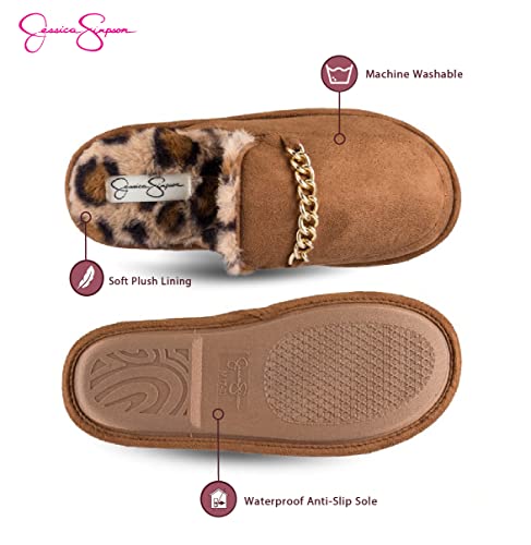 Jessica Simpson Women’s Plush Scuff Slipper House Shoe With Memory Foam And Anti-Skid Sole, Tan Chain, Large #TOP2