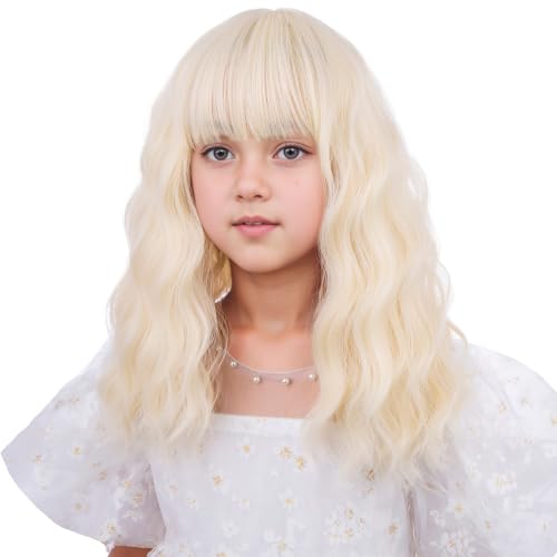 Image of Light Blonde Wig Short Platinum Blonde Wavy Curly Wigs with Air Bangs Synthetic Cosplay Hair Wig