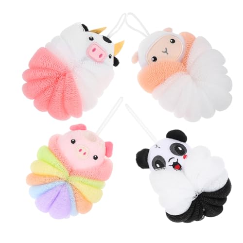MOTHNUR Bola de Baño Exfoliante 4 Piezas con Figuras (panda, Cerdito, Oveja, Ternero) Esponja Ducha Espumosa Duradera Depurador Corporal para Limpieza Profunda y Cuidado Piel