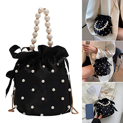 Shoulder Bags for Women Luxury Ladies Chain Handbag Bead Pearl Imitation Female Bucket Crossbody Bag Black2