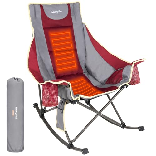 SUNNYFEEL Heated Rocking Camping Chair Fully Padded Patio Folding Chair Portable Oversized Outdoor Rocker High Back Lawn Recliner with Side Pocket Camp Rocker Chairs for Adults Heavy Duty 50