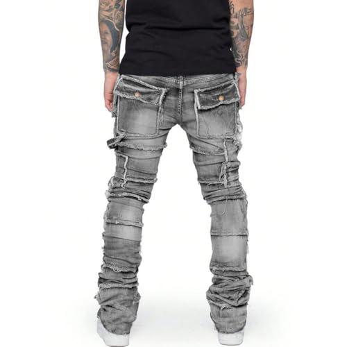 Mens Stacked Jeans Slim Fit Ripped Distressed Straight Leg Denim Pants with Multi Pockets4