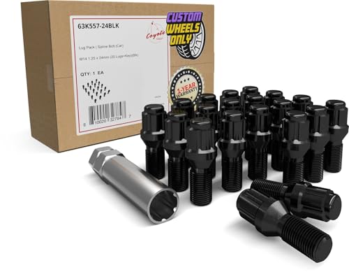Image of Wheel Accessories Parts 20 Pcs Lug Bolt Set M14 x 1.25 Thread Acorn Seat Lug Bolts Black Finish 24mm Shank Length 6 Spline Car fits Mini Cooper