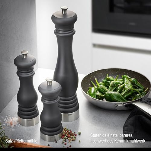 GEFU Flavio® Salt or Pepper Mill S - Adjustable Ceramic Grinder, Matte Black, Stainless Steel Design, Black, Silver, Größe S - Image 2