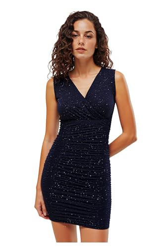 Women’s Sequin Sleeveless V Neck Short Dress Elegant Glitter Bodycon Ruched Party Cocktail Mini Dress2