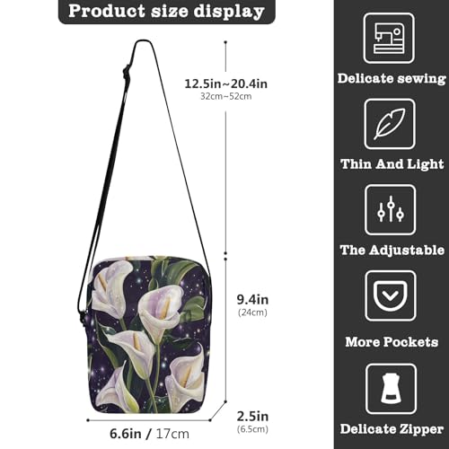 messenger bag crossbody mens crossbody bag Cross Body Purse Adjustable Strap for School School- Glitter Calla Lily3