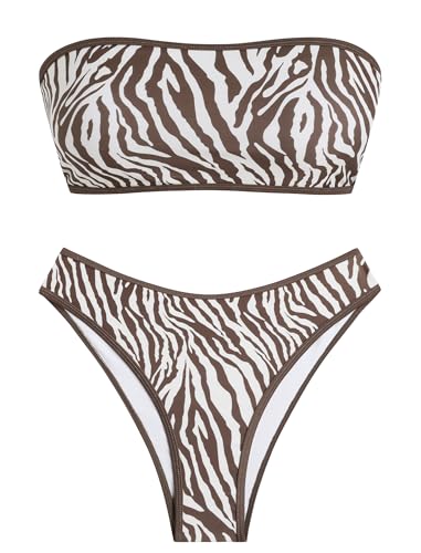 Image of ZAFUL Women Strapless Textured Bandeau Bikini 2 Piece Swimwear Cheeky Solid Lace up Bathing Suits