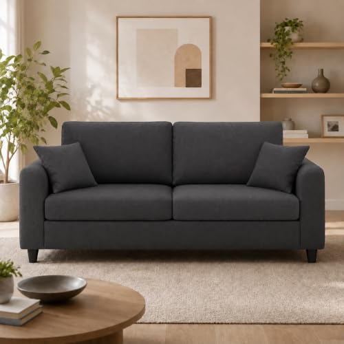 Image of FURNY Lean Luxury 3 Seater Lounger Sofa Set with Adjustable Backrest & Suri Pouf Ottoman, 40D High-Density Foam & Soft Boston Fabric for Living Room & Hotels & Studio Apartments - Dark Grey