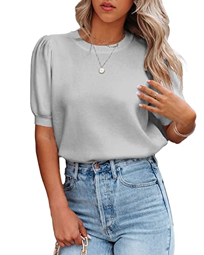 Image of Womens Puff Short Sleeve Sweater Tops Crewneck Basic Knit Pullover Lightweight Casual Sweaters