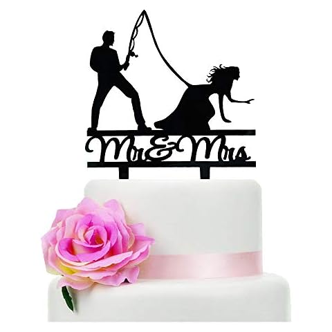 YzYbuaego Gift Boxed Fishing Wedding Cake Topper, Black Mr & Mrs Wedding Cake Topper, Fishing Theme Wedding/Engagement/Bridal Shower Decoration(Fishing Couple) Cover