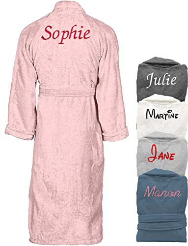 kdo-magic - Peignoir de bain femme personnalisé - Brodé avec un prénom - Matière éponge - Plusieurs coloris - Cadeau femme noël, saint valentin, anniversaire, fête des mères (M, Rose)