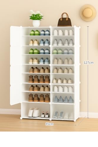 Image of Plastic Shoe Rack for Home with Door, 8 Door 16 Shelf | DIY Shoe Stand Organizer Cabinet for 32 Pairs Storage | Portable Slipper & Chappal Stand (Black)
