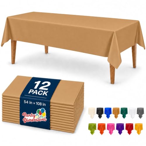 Image of Party Dimensions Gold Plastic Tablecloths, 12 Pack, 54 x 108 Rectangle | Disposable Waterproof Plastic Table Cover for Birthdays, Weddings, Graduations, Picnics & BBQs, Indoor Outdoor, 6-8 ft Tables