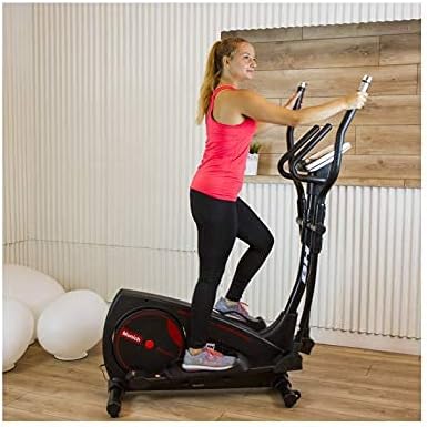 Close-up of BH Munich E100 elliptical trainer handlebars with heart rate sensors.