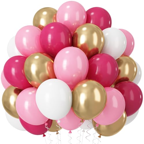 Pink and Gold Balloons Valentines Day Decorations Balloon Princess Pastel Hot Pink White Metallic Gold Latex Balloons for Girls Women Birthday Wedding Bridal Baby Shower Anniversary Party Decoration