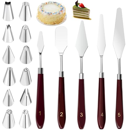 HEOUCH 5 Piezas Rasqueta para Tartas, Raspadores Pastel de Acero Inoxidable, 12 Piezas Boquillas Manga Pastelera, Reposteria Utensilios, Raspadores de Pasteles Espatulas para DIY Decorativo Cupcake