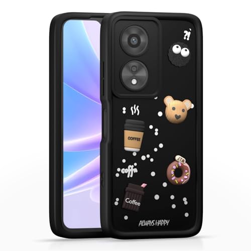 Image of Bintage Cute Fun Taddy Cartoon 3D Ball Milk Donut Coffee Cup Silicone Case Full Body & Camera Protection Back Cover Compatible for Oppo A78 5G - Black