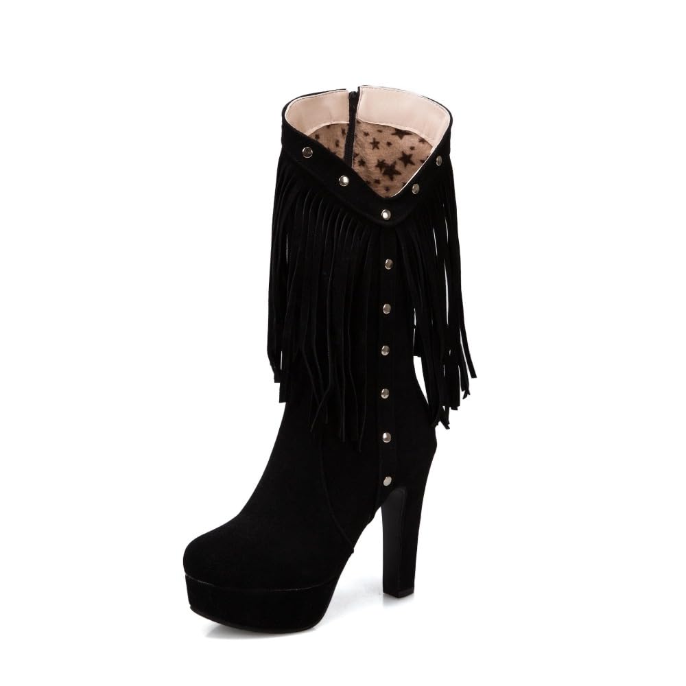 Geerta Fringe Cowboy Boots for Women Mid Calf Western Boots Embroidery Cowgirl Pull-On Pointy Toe Wide - Plus