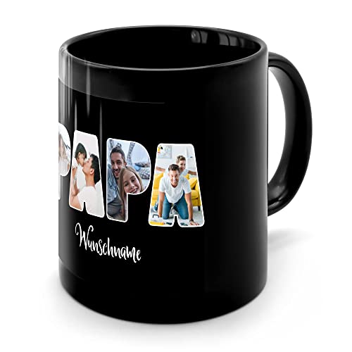 PhotoFancy® - Fototasse 'Papa' - Personalisierte Tasse mit eigenem Foto und Text selbst gestalten - Schwarz glänzend