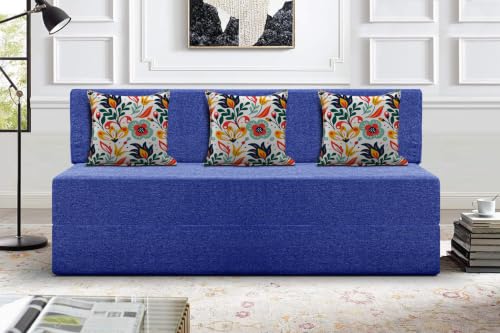 Image of Los Angeles Foldable Three Seater Sofa Cum Bed, Sofa Bed 5 X 6 Feet Jute Fabric Washable Cover- Including Cushion Perfect for Living Room - Blue