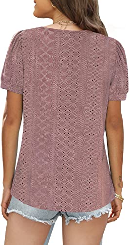 ETCYY Womens Tops Causal Puff Sleeve Summer Tops Trendy Cute Print Lace V Neck Solid Color Loose Fit Short Sleeve Shirts(XL,A Lace Pink)