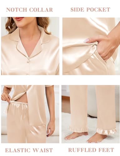 Image of SWOMOG Women Satin Pajamas Set Short Sleeve Top & Pants Sleepwear Silky Button Down Nightwear 2pcs Loungewear Pjs Set