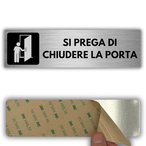 LEIASA | Señal adhesiva se ruega cerrar la puerta - 5 x 18 cm - Grosor 0,8 mm - Aluminio - Cartel aviso cierre puerta - Señal Mantener puerta cerrada - Cartel adhesivo 3M - Indicador puerta