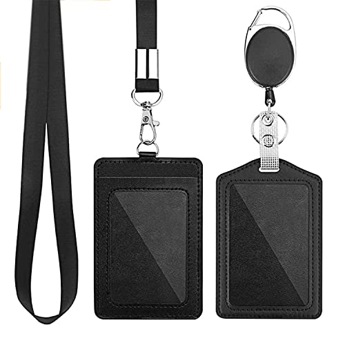 PU Leather ID Badge Card Holder Wallet 2 Pack Black Badge Holder 18 Neck Lanyard Strap for Office ID School ID Drivers License