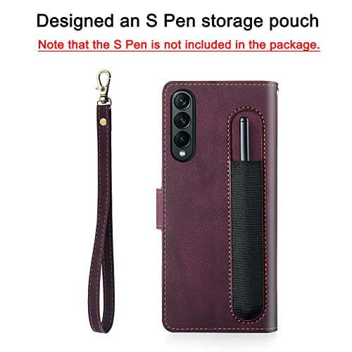 Antsturdy for Samsung Galaxy Z Fold 3 5G case Wallet Women with ?S Pen Holder?,Galaxy Z Fold 3 Phone case with Card Holder Strap PU Leather RFID Blocking Flip Folio Cover Credit Slots Men,Wine Red