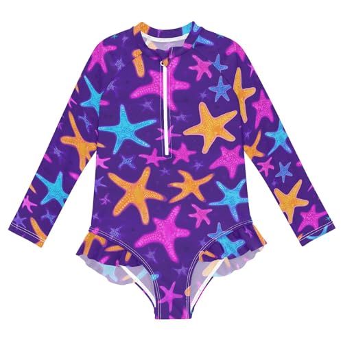 ALAZA Toddler Swimsuit Girl Bathing Suit Swimwear Rash Guard Bright Starfish Long Sleeve 3T