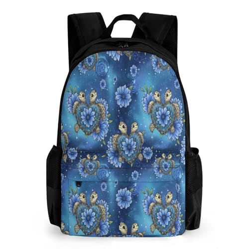Backpack for Women Men, Blue Flowers Sea Turtle Love Reusable Lightweight Daypack for Commuting, Travel, Funny Breathable Shoulder Bag