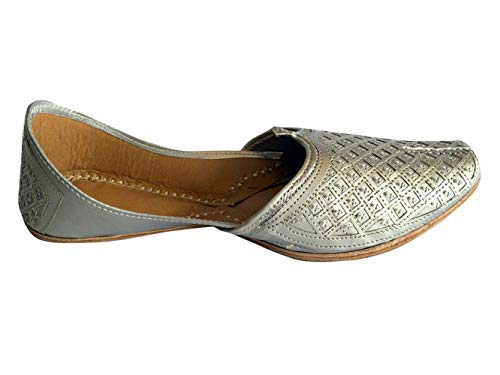 Men's Flat Silver Wedding Khussa Shoes Traditional Indian Leather Loafer Punjabi Jutti3