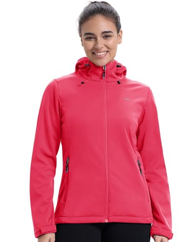 33,000ft Damen Fleece Gefütterte Softshelljacke Wasserdichte Funktionsjacke Fahhradjacke mit Kapuze Winddichte Übergangsjacke Windbreaker zum Radfahren, Wandern Rosa 38