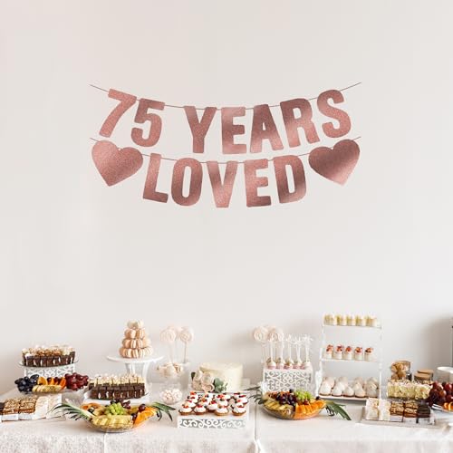 Image of Pre-Strung 75th Birthday Banner - Rose Gold Glitter, Happy 75th Birthday Party Decorations for Women, Cute 75 Year Old Anniversary Decor Bday Sign Gifts