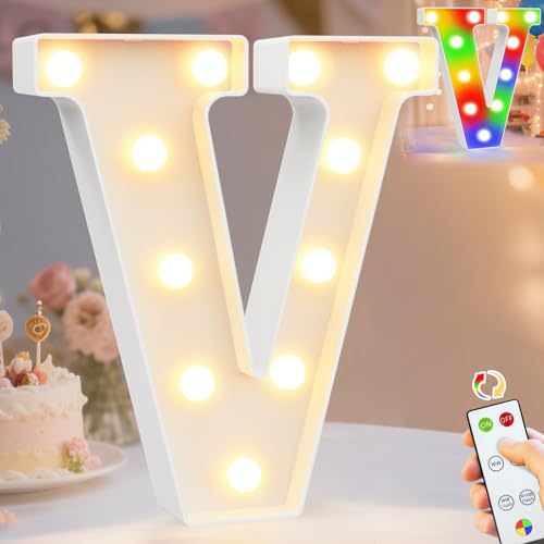 Image of Pooqla LED Light Up Letters, Warm White and Colorful Lighted Marquee Letters with Remote, Lighted Letter for Party Birthday Decorations, Gift for Girls Boys Night Light, Wedding Home Decor, Letter V