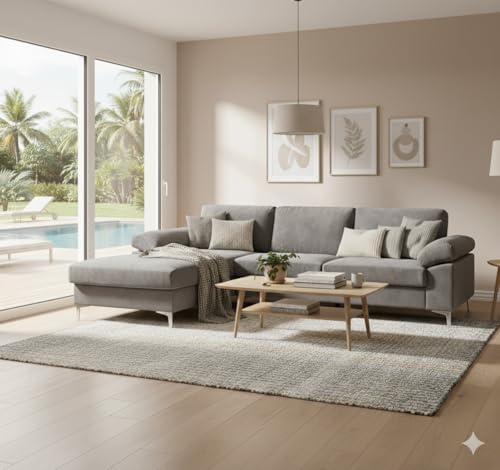 CONCEPT USINE | Canapé d'angle en Velours 4-5 Places | Design Galway Gris | Largeur 262 cm | Angle Gauche | Confort Ultra Luxueux | Structure Bois Robuste | Pieds Métal | Style Moderne et Élégant