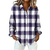 Blusa a cuadros mujer casual manga larga otoño invierno camisa caliente botón túnica camiseta cuello en V elegante y chic ligera blusas talla grande top clásico S-XXL, malva, XL