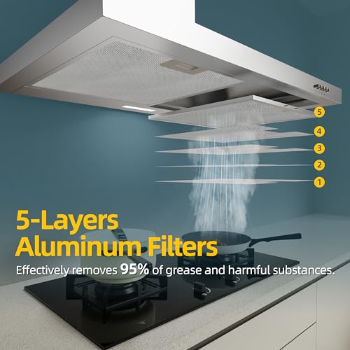 Image of FIREGAS Range Hood 30 inch Wall Mount Type with Ducted /Ductless Convertible, 450 CFM Stainless Steel Chimney-Style Kitchen Hood, Over Stove Vent Hood with 3 Speed Fan, LED Light, Charcoal Filters