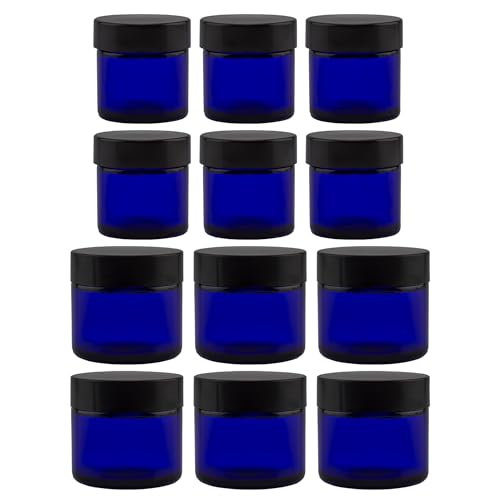 Cornucopia Brands Combination 12 Pack of Cobalt Blue 1oz & 2oz Glass Cosmetic Jars, Lids Included; Refillable Containers for Creams, Lotions