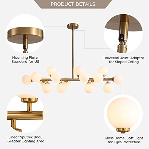 7Pmbeane Mid Century Modern Chandelier Over Table, 16-Light Globe Sputnik Chandelier Brass Pendant Lighting Fixture Hanging Ceiling Light For Dining Room, Kitchen Island #TOP4