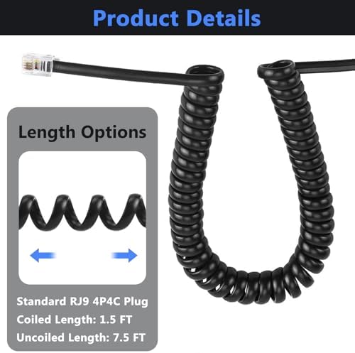 KINXIYU Telephone Cord Detangler and 360 Swivel Anti-Tangle Cord - 7.5Ft Uncoiled, 1.5Ft Coiled Landline Handset Cable - 2