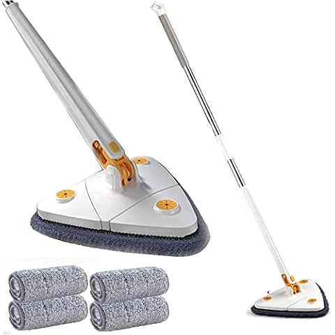 CASEWIND Adjustable 360° Swivel Cleaning Mop, Triangular Stretch Microfiber with 4 Spare Cloths with Long Handle for Walls, Ceilings, Windows, Floors, Walls, Tiles (white) Cover