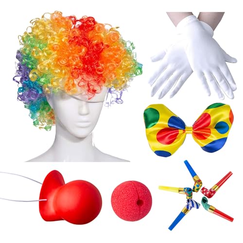 Vonokee Clown Costume Set Includes Clown Rainbow Wig Bow Tie White Gloves 2 Noses and 5 Party Blower for Halloween Parties Carnivals Pretend
