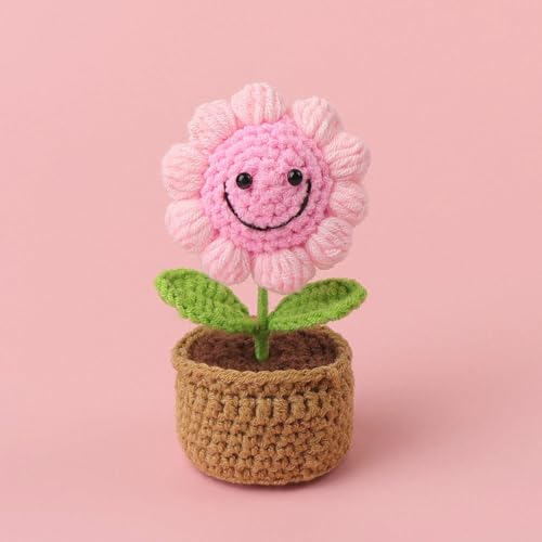 Image of 14CM Height Handmade Crochet Smiling Flower Pot for Home & Office Decor, Cute Aesthetic Desk Showpiece, Positive Vibes Table Decor, Thoughtful Gift for Friends & Loved Ones (Joy Bloom Pink)