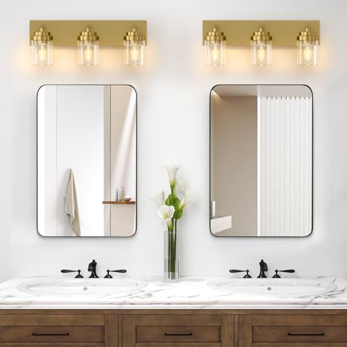 Image of IZORRO Bathroom Vanity Light Fixture, 3-Light 22 Inch Gold Bathroom Light Fixtures Over Mirror, with Clear Glass Shade, Modern Farmhouse Vanity Lights, Rustic Restroom Lighting Fixtures