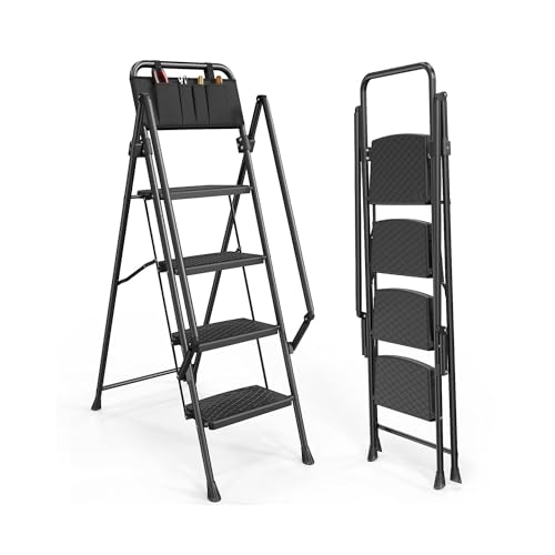 Homelux P19263 Escalera Plegable 4 Peldaños Anchos con Pasamanos – Peldaños de Polipropileno Antideslizantes con Estructura de Abeja – Escalera Hogar Segura y Compacta