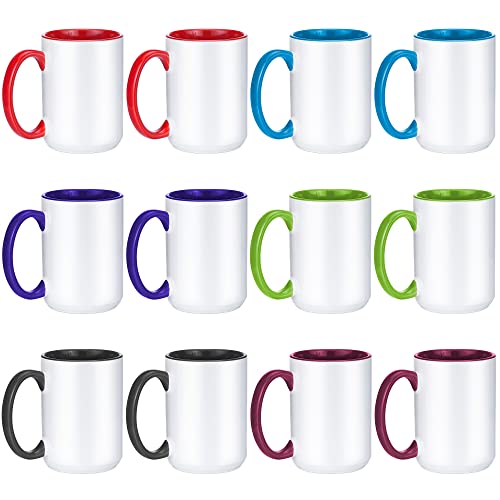 TANGLONG 12-Pack Assorted Color 15oz Sublimation Mugs Ceramic, Microwave, Dishwasher, Freezer & Oven Safe, Perfect for Home, Office, Gifts & Parties